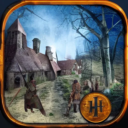 Prompt: hunted medieval town on the edge of dark forest, werewolf attack on villagers, hd, street view