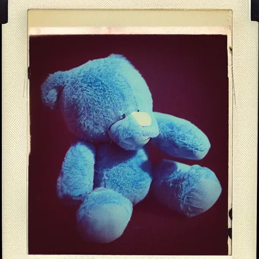 Prompt: a polaroid photo of a blue teddy bear