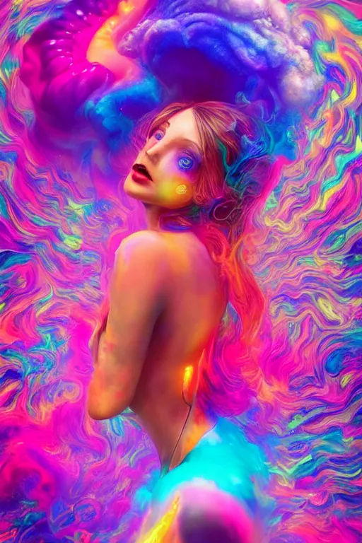 Image similar to a beautiful woman engulfed in colorful liquid clouds and neon smoke, extremely psychedelic experience, psilocybin, dmt, lsd, perfect face, highly detailed, artstation, concept art,, sharp focus, digital art by hana yata, and artem demura and beeple, lisa frank, cyberpunk, octane render, unreal engine, 8 k