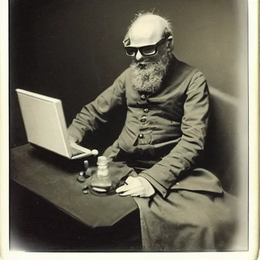 Prompt: old polaroid depicting a scientist from the 1 9 th century working at a modern day laptop