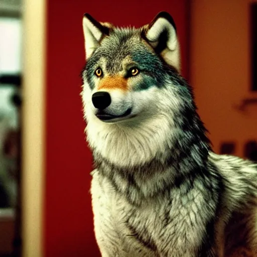 Prompt: a stern anthro wolf in Wes Anderson's movie, movie wallpaper, studio lighting