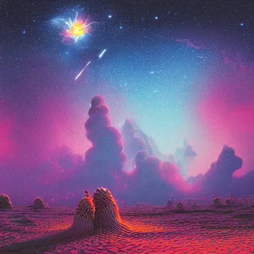 Image similar to ultradetailed matte painting of serene milky way and exploding nebulas with nebullae made out of flaming in shore by beeple, alex grey, charles schulz, dr. seuss, roberto da matta and rhads, featured on artstation