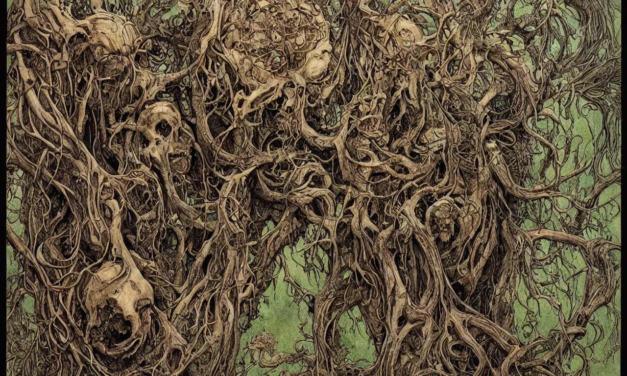 Image similar to hyperdetailed art nouveau portrait of treebeard and old groot as a cthulhu eyeball moose skull wendigo swamp thing creatures, by michael kaluta, pushead and bill sienkiewicz, photorealism, claws, skeleton, antlers, fangs, forest, wild, bizarre, scary, lynn varley, lovern kindzierski, steve oliff