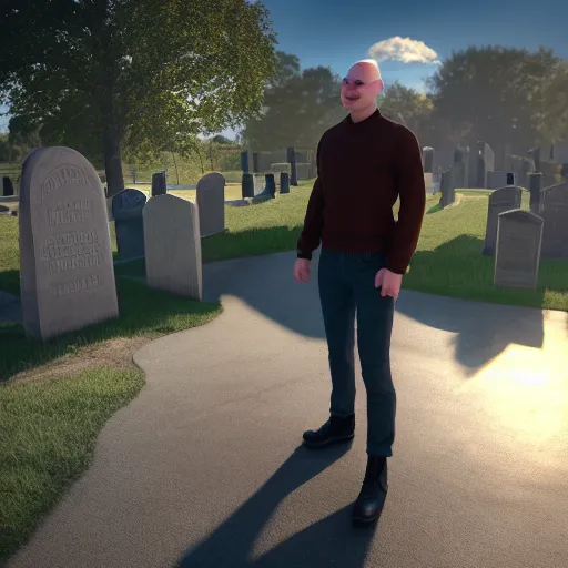 Prompt: my bald, gay friend mike, 3 d model, photorealistic, dynamic shadows, morning light, in a graveyard, smiling, unreal engine, octane render, artstation, 4 k