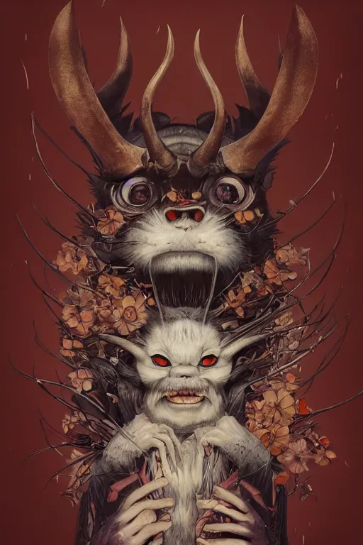 Image similar to a portrait of a japanese devil animal illustrated by miyazaki by karol bak, james jean, tom bagshaw, rococo, sharp focus, trending on artstation, cinematic lighting, hyper realism, octane render, 8 k, hyper detailed, vivid, ultra detailed, highly detailed