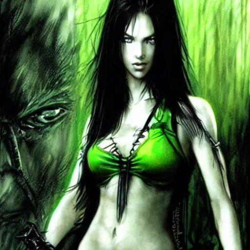 Prompt: female warrior, black hair, gorgeous bright green eyes, cinematic, by luis royo