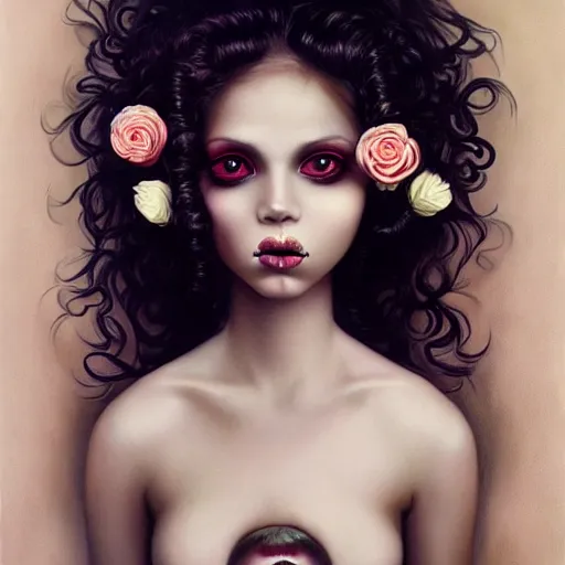 Image similar to pop surrealism, lowbrow art, realistic seductive cute black woman painting, curly hair, white shirt, holding flowers, hyper realism, muted colours, rococo, natalie shau, loreta lux, tom bagshaw, mark ryden, trevor brown style