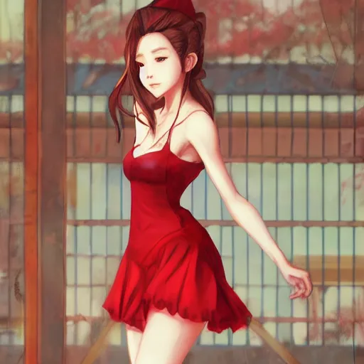 Image similar to red dress of aerith gainsborough by WLOP, rossdraws, Logan Cure, Mingchen Shen, BangkuART, sakimichan, yan gisuka, JeonSeok Lee, zeronis, Chengwei Pan on artstation