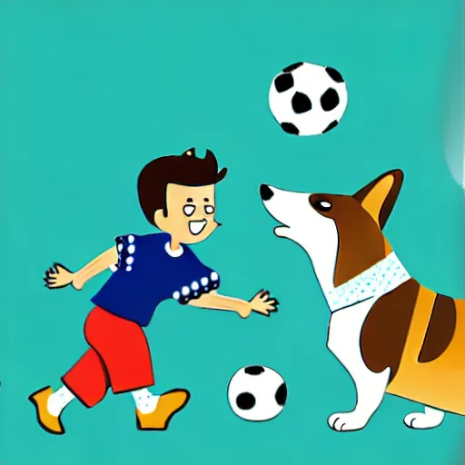 Image similar to illustration of french boy playing football with a corgi wearing a polka dot scarf in paris