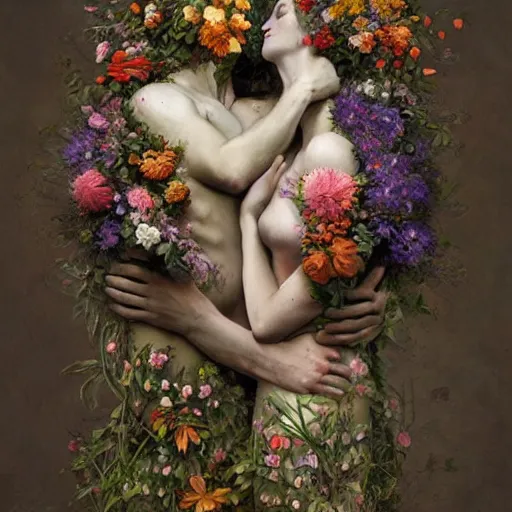 Image similar to two bodies entwined, covered by flowers, by arcimboldo, greg rutkowski