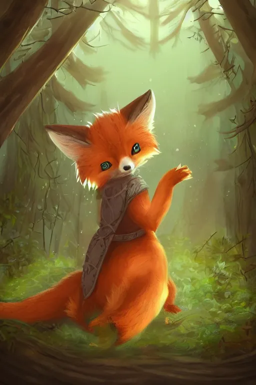 Image similar to a pretty medieval anthropomorphic fox with a fluffy tail in the forest, comic art, trending on furaffinity, cartoon, kawaii, backlighting, furry art!!!, radiant light, bokeh, trending on artstation, digital art