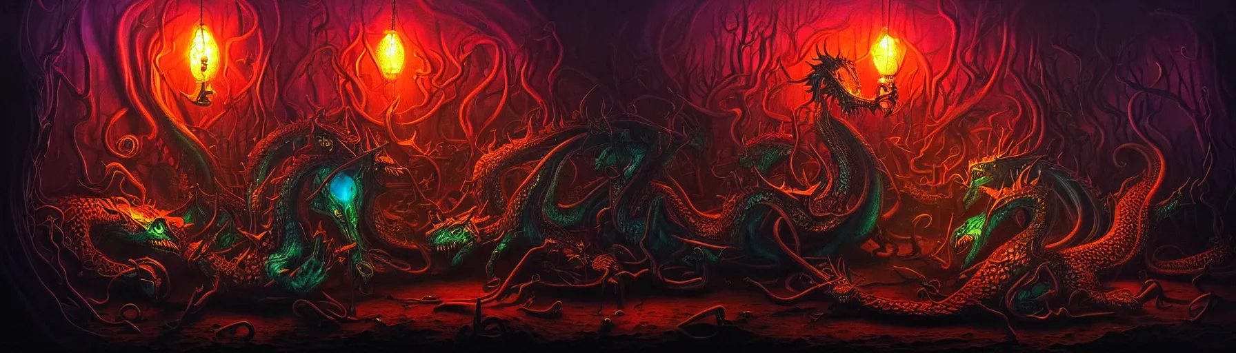 Image similar to strange whimsical alchemical dragons from the depths of the collective unconscious, dark eerie dramatic lighting, detailed and atmospheric surreal darkly colorful painting by ronny khalil