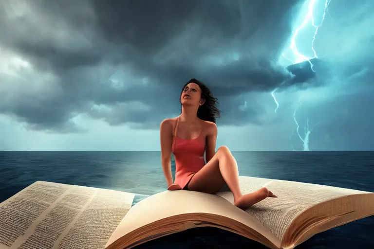 Image similar to A beautiful woman sitting on a giant open book in the middle of the ocean during a storm, dramatic lighting, cinematic, 8k HDR, highly detailed, high quality, octane render, unreal engine 5, path tracing, turbulent sea, concept art, trending on Artstation, dramatic scene