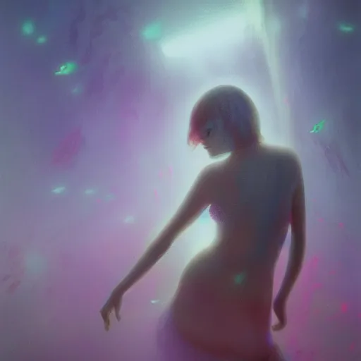 Image similar to Emma Stone with pistol swimming in chromatic distortions in misty mysterious astral temple, beautiful, dmt, trending on artstation, omnious, soft, artwork by Tran, Ross