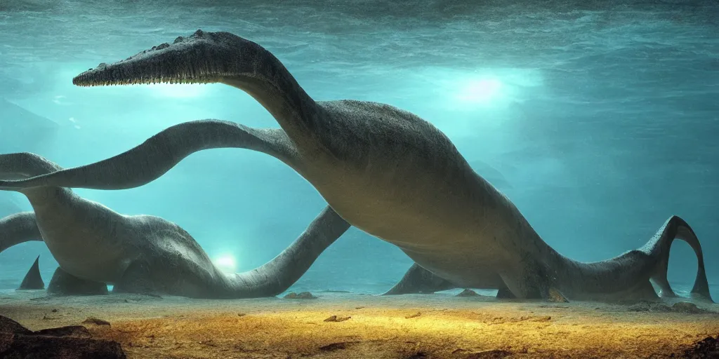 Prompt: underwater view of a long neck, large body plesiosaurus, octane render, cinema 4 d, light rays, cinematic lighting, golden ratio, underwater photography, realistic, volumetric lighting, wildlife documentary, by greg rutkowski