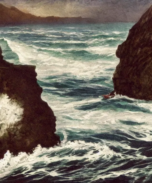 Prompt: photorealistic mixed - media of a 1 9 2 5 seiner sailing with the jamaican shoreline with the mouth of a sea cave at the waterline, dark, brooding, atmospheric, seascape, lovecraft, horror, smooth, epic, highly detailed, cinematic, by marianne north