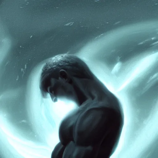 Prompt: digital painting of a greek god of black holes, modern adaptation, trending on artstation, floating in front of the void, with a black sphere behind him, 4 k, pleasant lighting