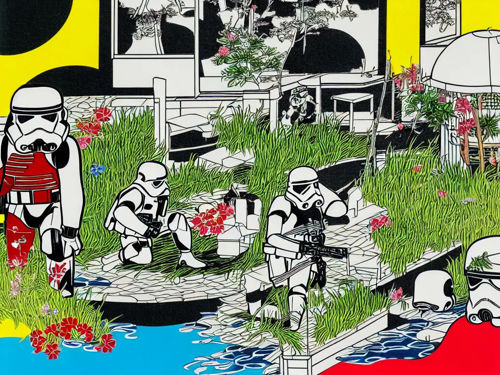 Image similar to detailed close - up image of the japanese home with a garden and a pond, 2 stormtroopers sitting around it, pop - art style, jacky tsai style, andy warhol style, roy lichtenstein style, rich palette, acrylic on canvas