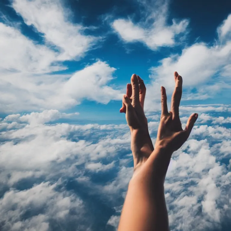 Image similar to a person holding hands with a friend while flying high in the sky, windy