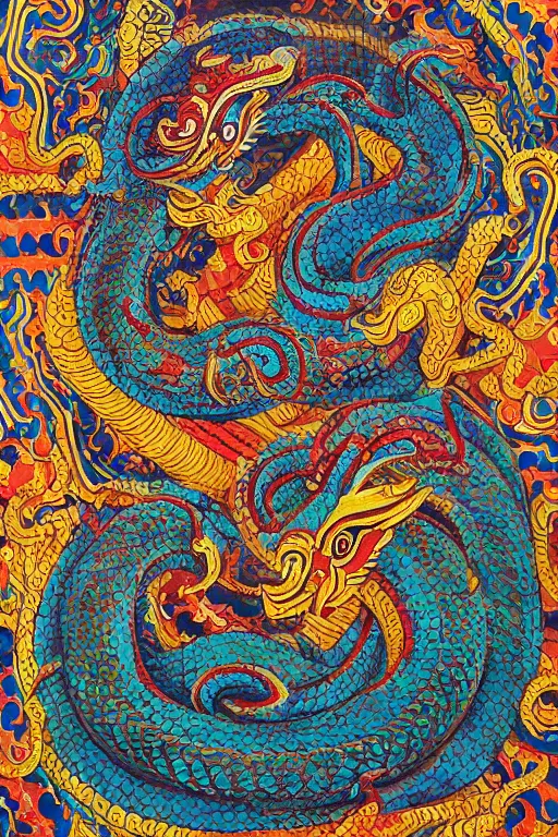 Image similar to naga art, mythical serpent southeast asian legends, thai traditional painting, royal thai art, guardian at the temple, garuda eagle, thai folklore, buddhist painting, thai dragon paintings by Chalermchai Kositpipat