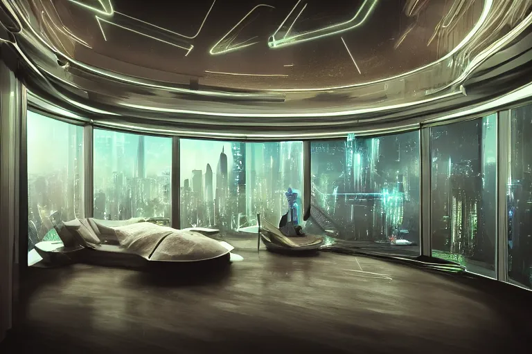 Image similar to a futuristic bedroom with large curved ceiling high windows looking out to a far future cyberpunk cityscape, cyberpunk neon lights, raining, scifi