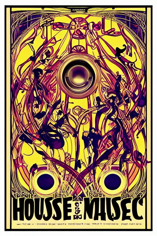 Prompt: “House music rave with dancers, spotlights, very large loudspeakers. Art Nouveau poster”