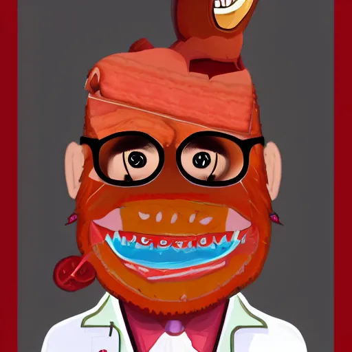 Prompt: anthropomorphic slice of bacon dressed as a doctor, horror, gritty, artstation