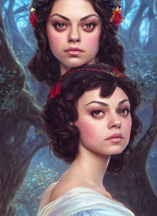 Image similar to beautiful young mila kunis as snow white princess disney, closeup, d & d, fantasy, intricate, elegant, highly detailed, digital painting, artstation, concept art, matte, sharp focus, illustration, art by artgerm and greg rutkowski and alphonse mucha