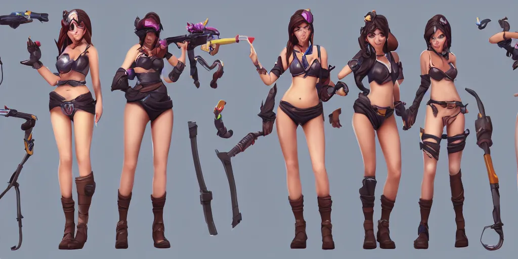 Prompt: rendered character sheet of Pool party Caitlyn in the game League of Legends, unreal engine 53d trending on art station