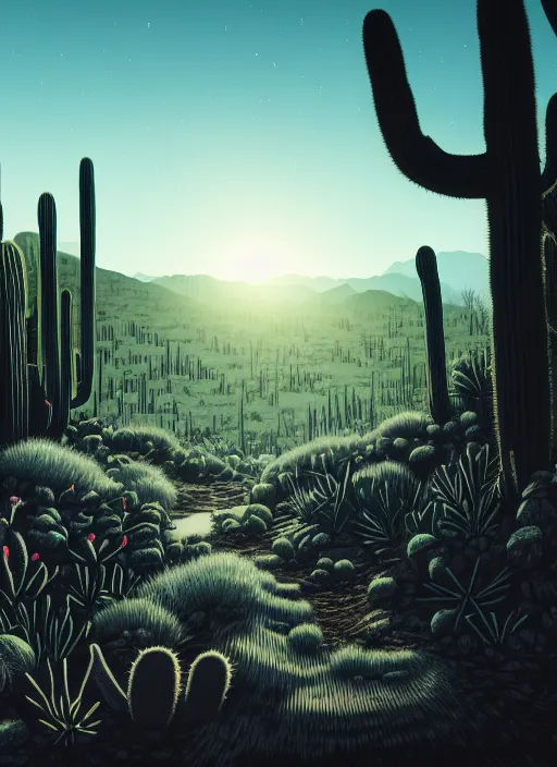 Prompt: art by cat flint, ultra wide shot, black ink linocut print of the cactus forest, high hills, 8 k, frostbite 3 engine, cryengine, ground level shot, dof, trending on artstation, digital art, crepuscular ray