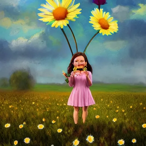 Image similar to daisy flower as a face, girl walking in flower field, holding daisy, surreal photography, sunrise, impressionist painting, colorful clouds, digital painting, artstation, simon stalenhag, flower face