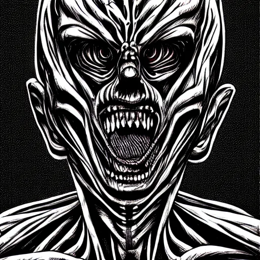 Image similar to a dark humanoid, hyper detailed, in the style of h. r. giger and junji ito and h. r. giger and junji ito, selfie