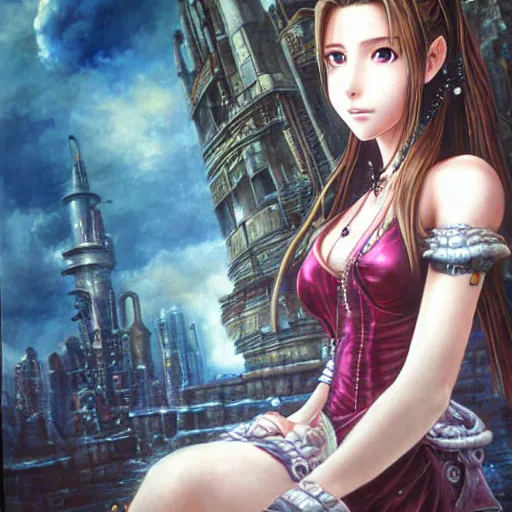 Image similar to a portrait painting of aerith from from final fantasy 7 with the steam punk city midgard as backdrop by master artist yoshitaka amano