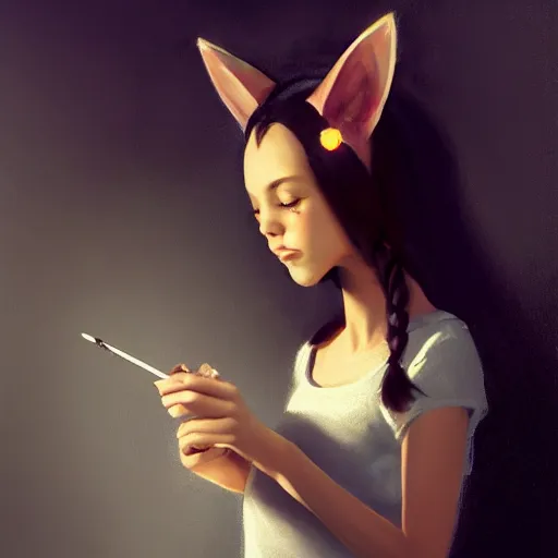 Prompt: woman with cat ears writing on a blackboard, school blackboard, oil painting, digital art, cat ears, by wpol, by artgerm, beautiful lighting, by rob rey, by greg rutkowski, trending on artstation