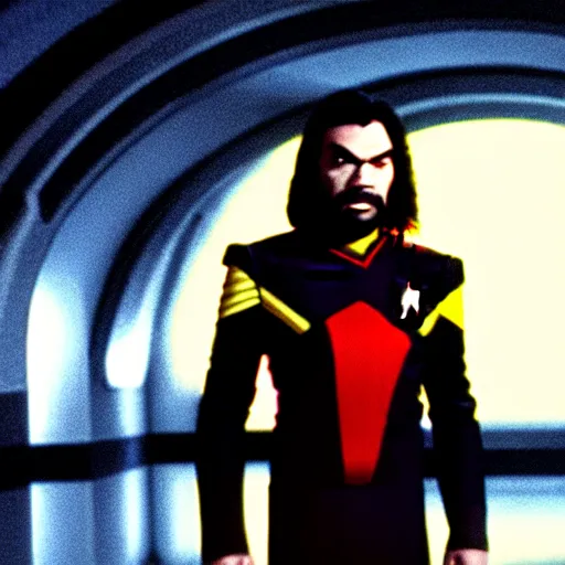 Image similar to a Klingon standing in a Star Trek Federation hallway