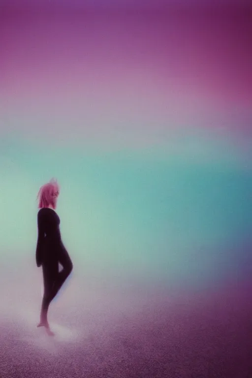 Image similar to high quality pastel coloured film close up wide angle photograph of a model wearing clothing swimming on cloud furniture in a icelandic black rock!! environment in a partially haze filled dreamstate world. three point light, rainbow. photographic production. art directed. pastel colours. volumetric clouds. pastel gradient overlay. waves glitch artefacts. extreme facial clarity. 8 k. filmic.