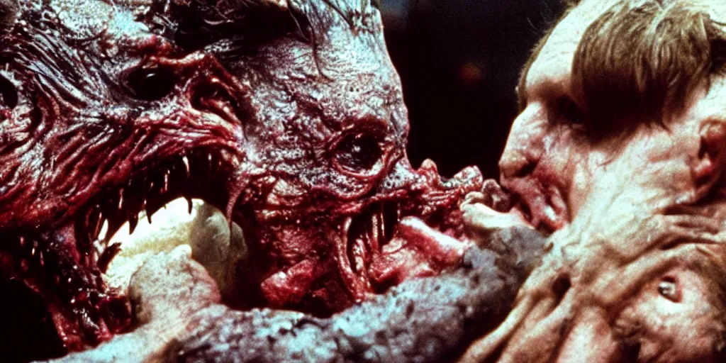 Image similar to a demonic vile disturbing disgusting horror visceral creature eating a human, from the thing, david cronenberg