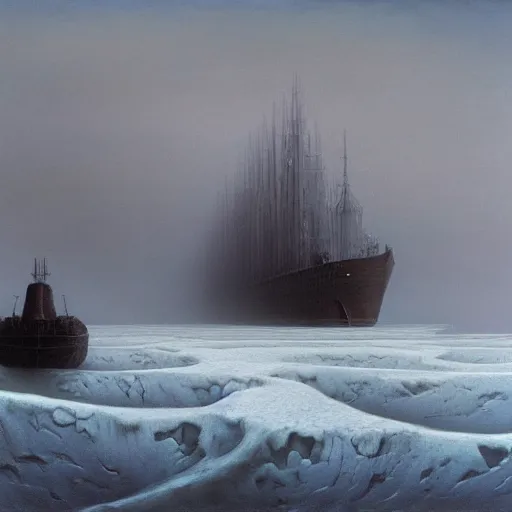 Image similar to an ice ship by Zdzisław Beksiński, oil on canvas