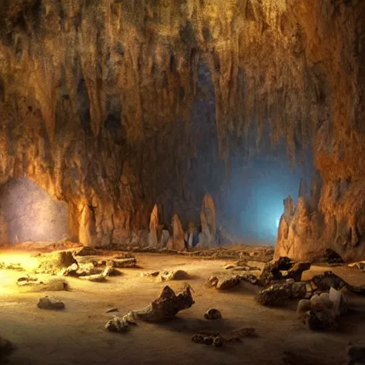 Image similar to beautiful matte painting of a cave with glowing crystals on the walls and bone piles on the floor, fantasy, sharp focus