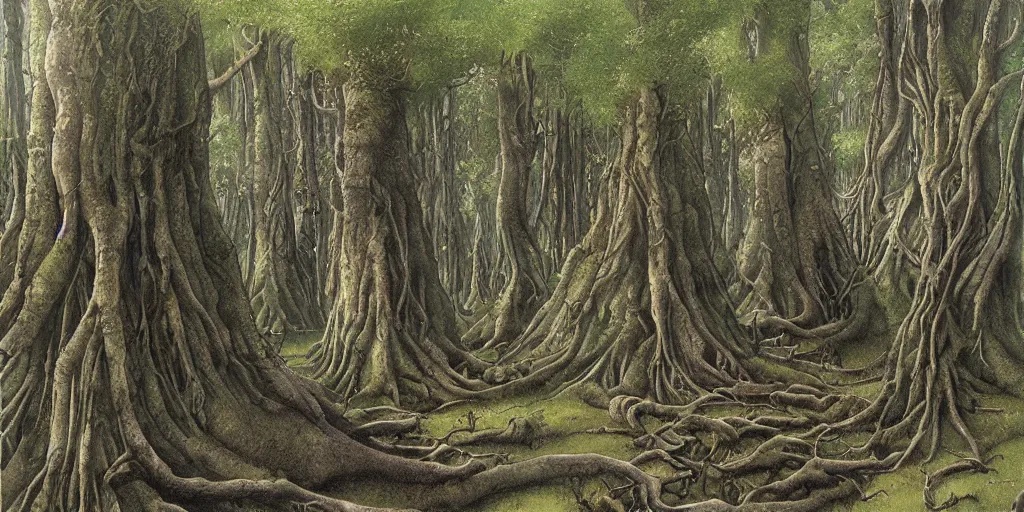 Image similar to artwork by john howe of a forest of grim catalpas