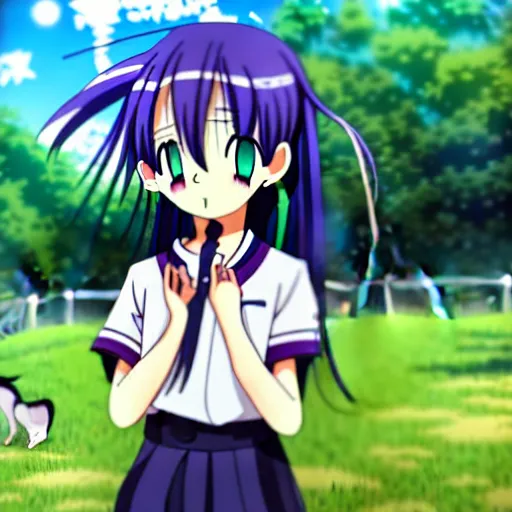 Prompt: A cute little anime girl with long indigo colored hair, wearing a school soccer uniform, in a large grassy green field, petting a cat, shining golden hour, she has detailed black and purple anime eyes, extremely detailed cute anime girl face, she is happy, child like, near a Japanese shrine, screenshot from the anime Higurashi, large black visible pupils in her eyes