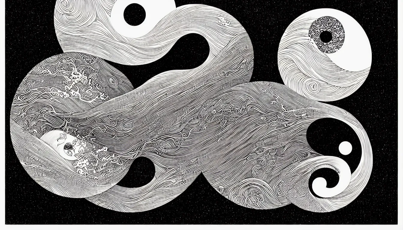 Image similar to ying - yang by woodblock print, nicolas delort, moebius, victo ngai, josan gonzalez, kilian eng