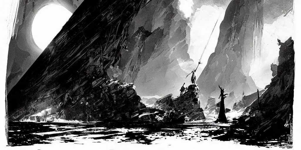 Prompt: a mythical magical sword halfway embedded in a stone radiant light, detailed and intricate environment, digital art, trending on art station kvlt by peder balke by peder balke by guido crepax by norman bluhm mystic high contrast monochromatic noir