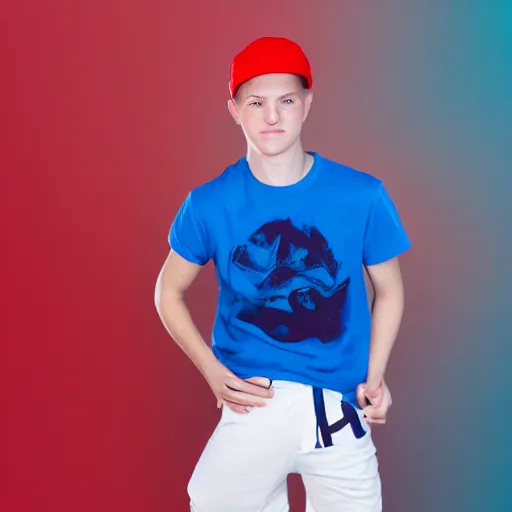 Image similar to a portrait of an average white teenage boy with blue colored hair, wearing a red backwards cap, white t - shirt with a red no symbol on it, blue long pants and red shoes, holding a microphone on a stage, studio lighting, photoshoot