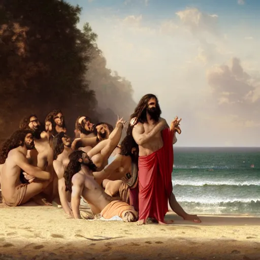 Image similar to an extremely detailed matte painting of a ridiculously good looking jesus that looks like a jewish gigachad with his 1 2 apostle entourage, long curly hair, elegant ancient greek dress, very detailed, windy beach, beautiful, intricate, cinematic, artstation, william bouguereau, alphonse mucha, greg rutkowski, rossdraws, octane render