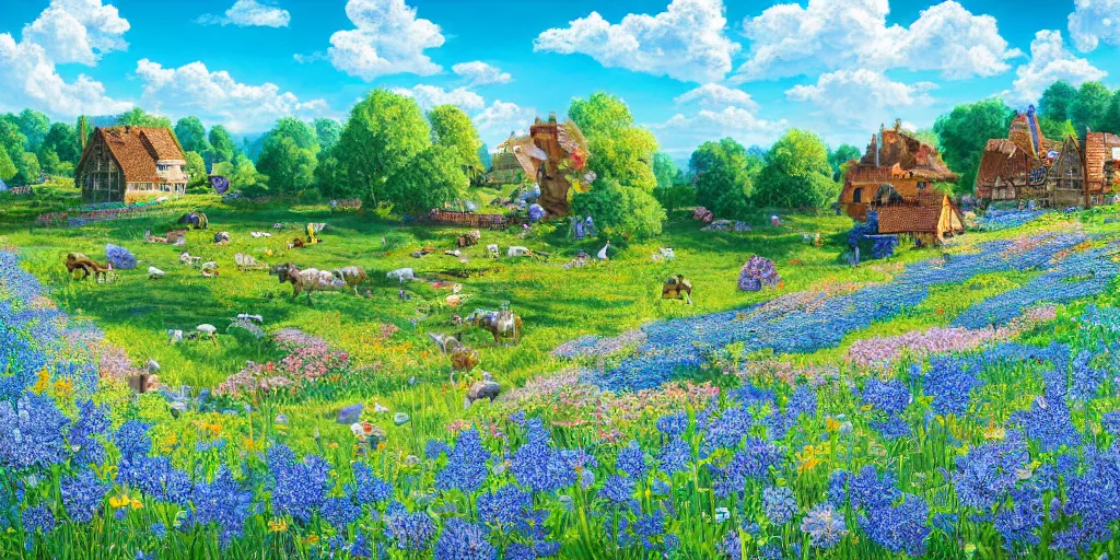 Image similar to Miltonian idyllic azure meadow sunny weather heaven of animals, detailed, intricate, masterpiece, 8k resolution