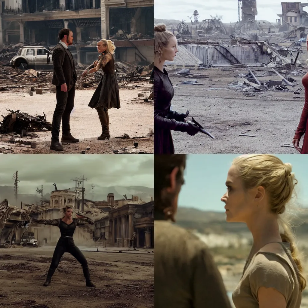 Prompt: Dolores fighting William in Westworld, apocalyptic destroyed city background, cinematic, film still