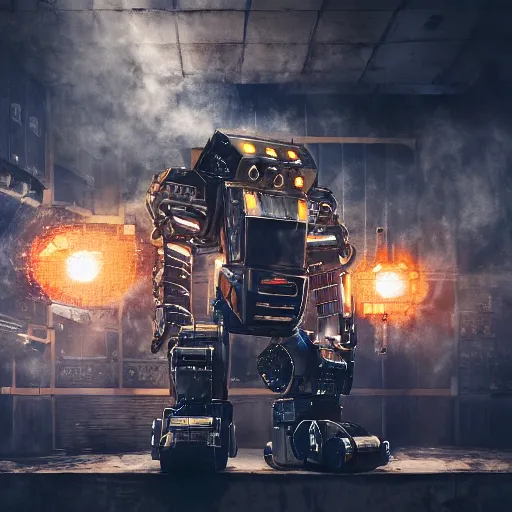 Image similar to toaster mecha head, dark messy smoke - filled cluttered workshop, dark, dramatic lighting, orange tint, sparks, cinematic, highly detailed, sci - fi, futuristic, movie still