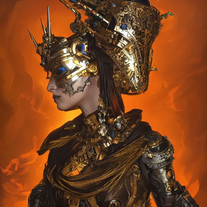 Image similar to mystical evil android queen with obsidian eyes, wearing an elaborate helmet, inside a wax palace, octane render, 8 k, unreal engine, by todd mcfarlane and artgerm and greg rutkowski and alphonse mucha