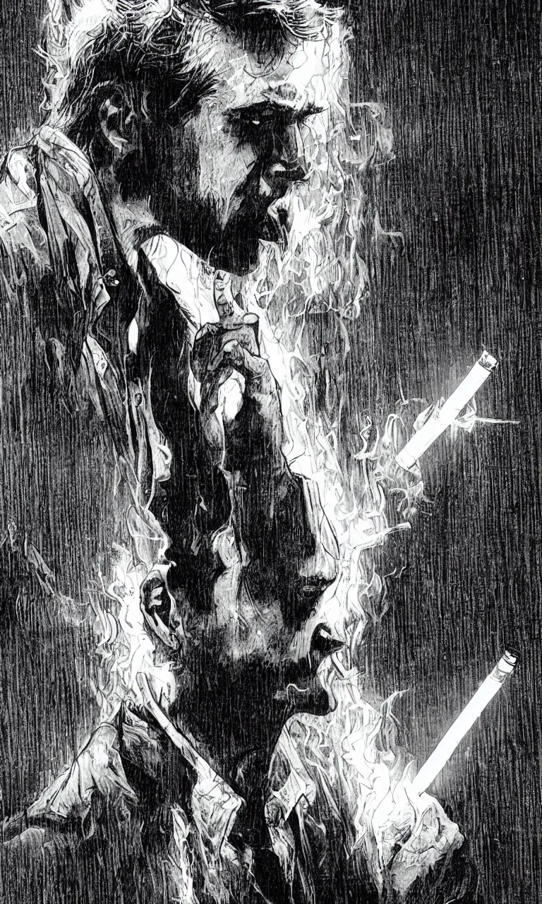 Prompt: john constantine lighting a cigarette in a dark alley, side angle, close up, by tim bradstreet, heavy shading